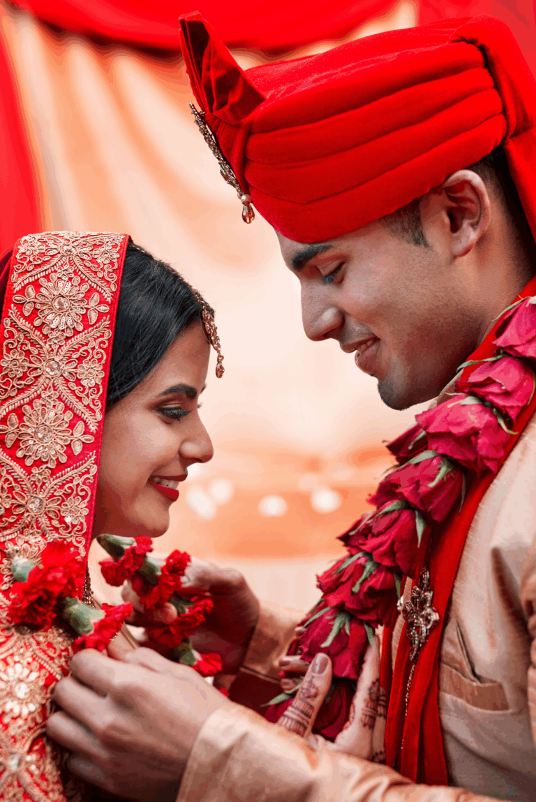 Indian Wedding Red Dress and Red hat on groom